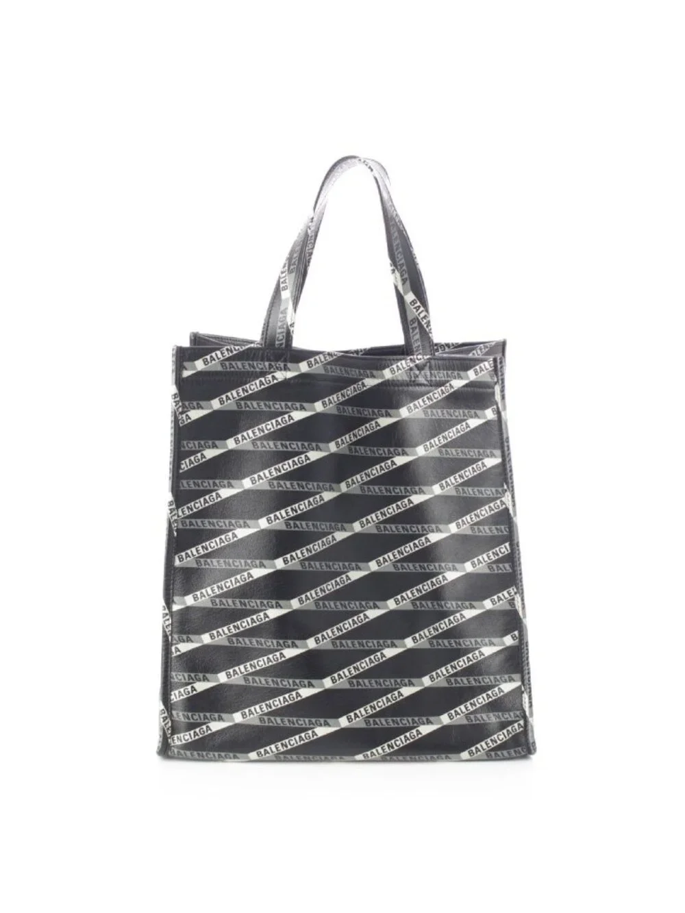 Balenciaga Calf Paper Leather Logo Striped All Over Pattern Tote Black